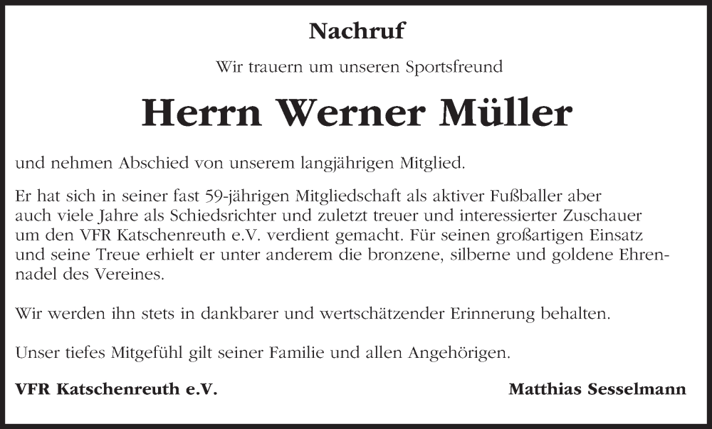  Traueranzeige für Werner Müller vom 18.02.2026 aus MGO