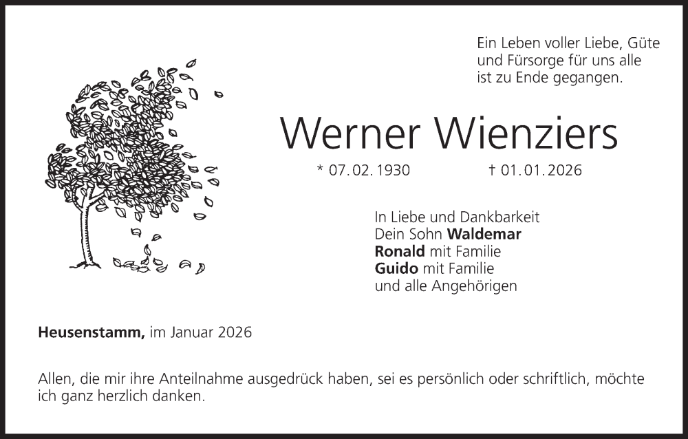  Traueranzeige für Werner Wienziers vom 14.02.2026 aus MGO