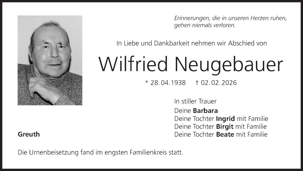  Traueranzeige für Wilfried Neugebauer vom 20.02.2026 aus MGO
