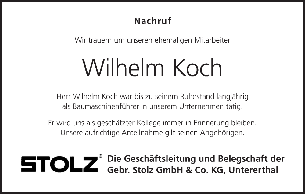  Traueranzeige für Wilhelm Koch vom 14.02.2026 aus MGO