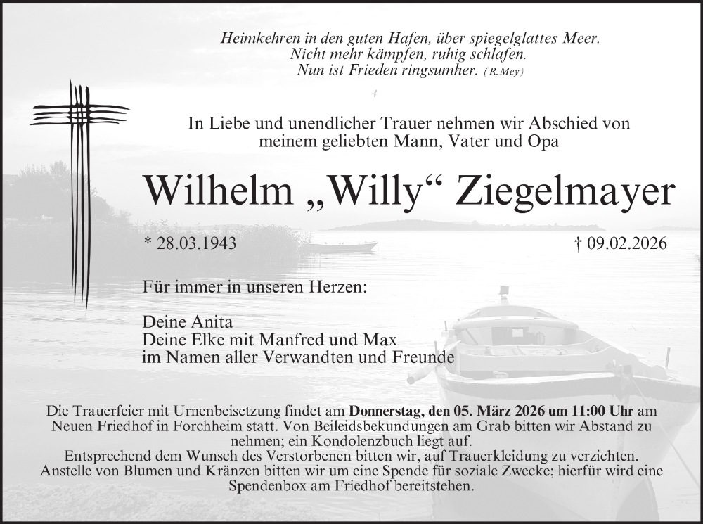  Traueranzeige für Wilhelm Ziegelmayer vom 28.02.2026 aus MGO