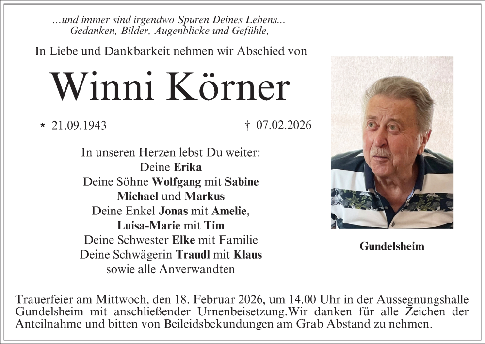  Traueranzeige für Winni Körner vom 14.02.2026 aus MGO