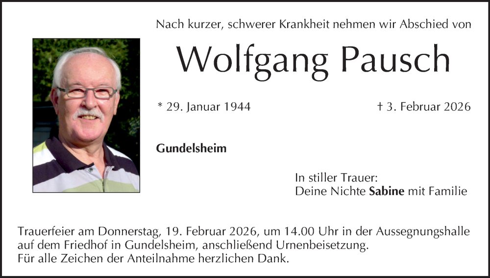  Traueranzeige für Wolfgang Pausch vom 14.02.2026 aus MGO