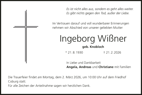Anzeige von Ingeborg Wißner von MGO
