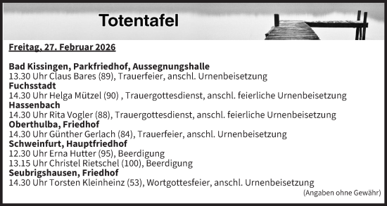 Anzeige von Totentafel vom 27.02.2026 von MGO